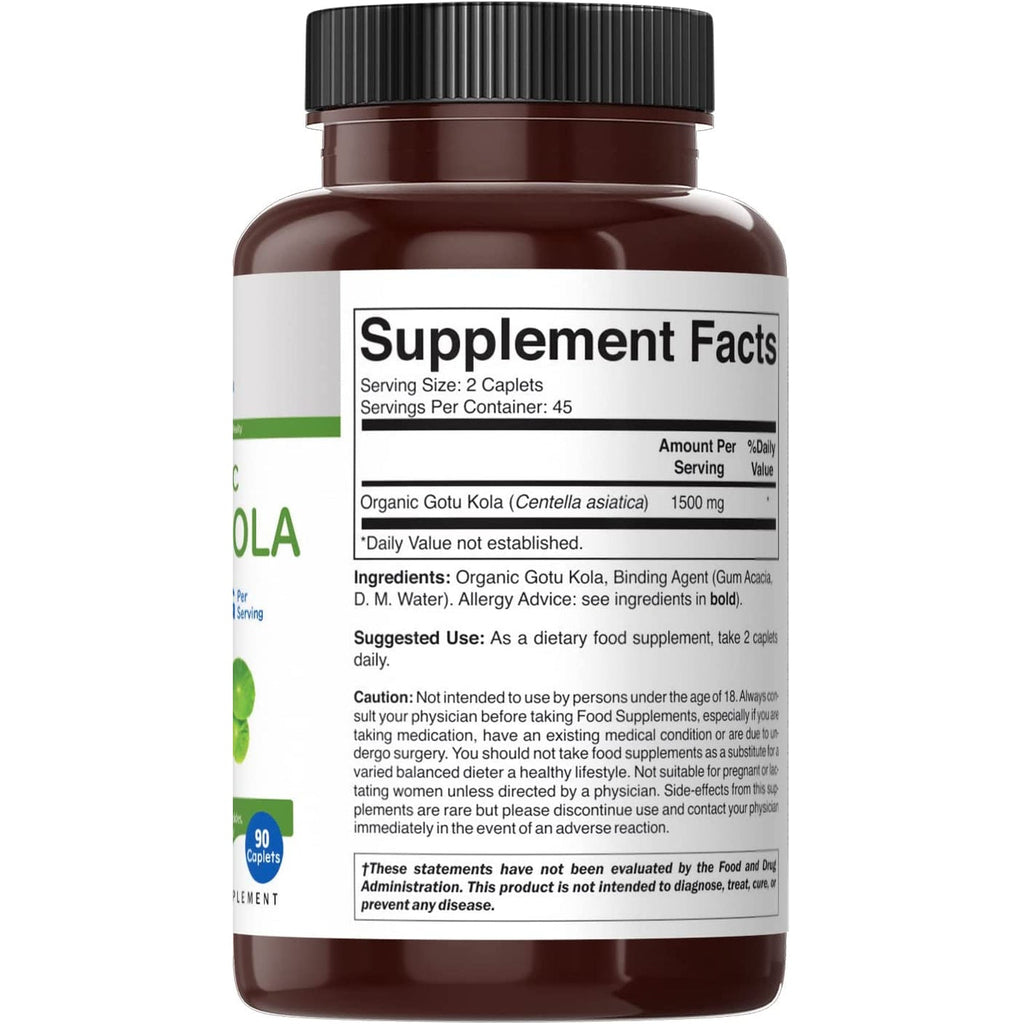 Brieofood Organic Gotu Kola 1500Mg, 45 Servings, Vegetarian, Gluten Free, 90 Vegetarian Tablets