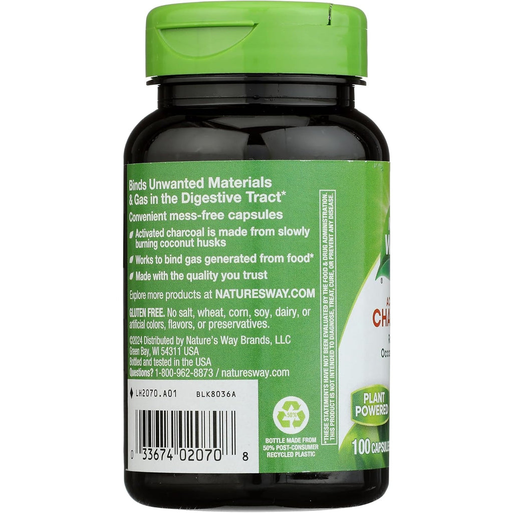 Nature'S Way Activated Charcoal - Charcoal Supplement That Binds Unwanted Materials & Gas* - Alternative to Powder - Gluten-Free & Dairy-Free - 100 Count