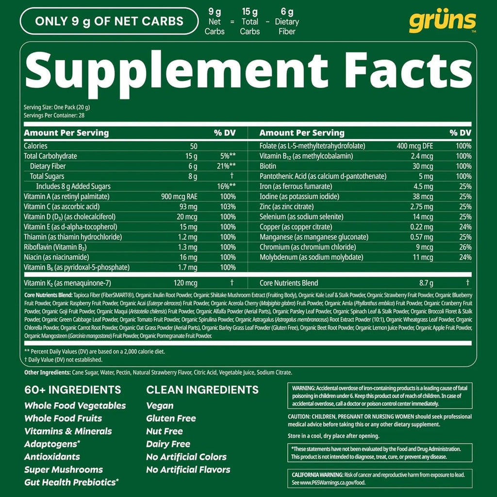 Gruns Adult Super Greens Multivitamin Gummies, Superfood Gummy Vitamins for Women and Men with Spirulina, Chlorella, Adaptogens & Prebiotic Fiber for Digestive Health (28 Count)