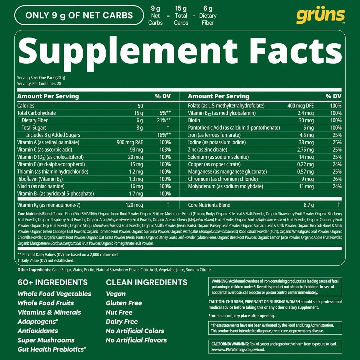 Gruns Adult Super Greens Multivitamin Gummies, Superfood Gummy Vitamins for Women and Men with Spirulina, Chlorella, Adaptogens & Prebiotic Fiber for Digestive Health (28 Count)