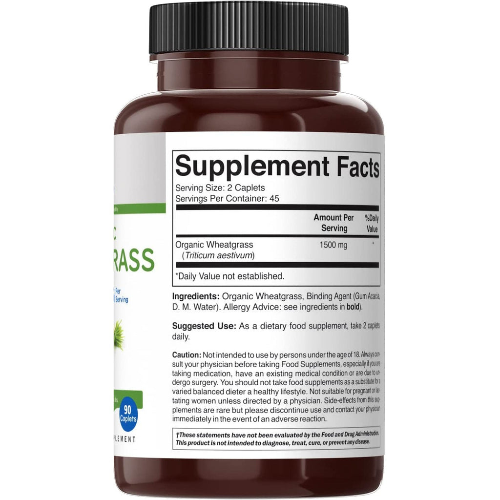 Brieofood Organic Wheatgrass 1500Mg, 45 Servings, Vegetarian, Gluten Free, 90 Vegetarian Tablets