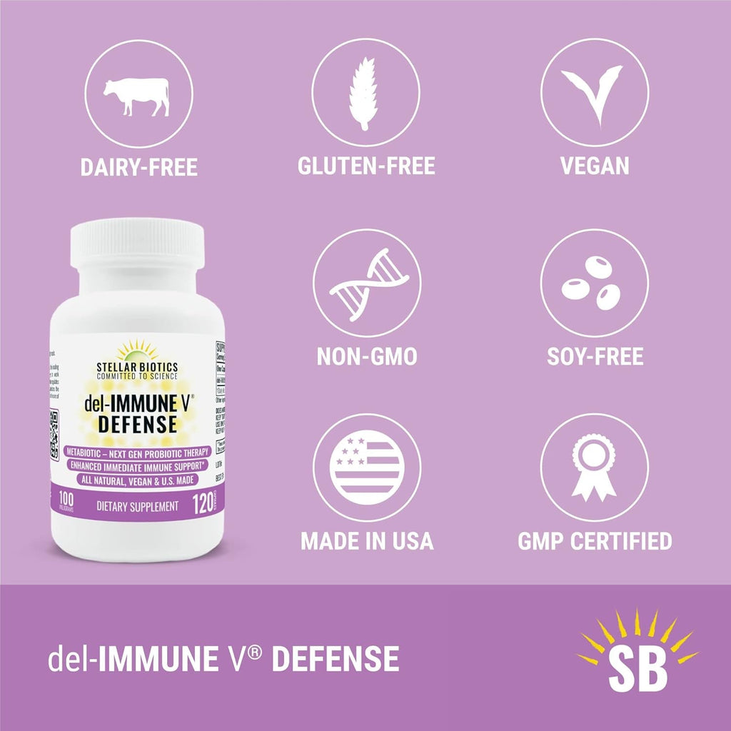 Del-Immune V® Defense by Stellar Biotics, All-Natural Immune Support & Gut Health (+) Immediate Care, Metabiotic: Nextgen Probiotic Therapy (120 Caps)