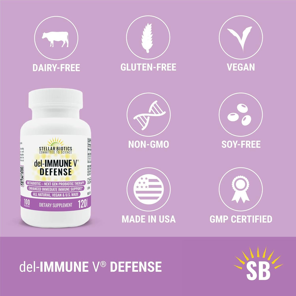 Del-Immune V® Defense by Stellar Biotics, All-Natural Immune Support & Gut Health (+) Immediate Care, Metabiotic: Nextgen Probiotic Therapy (120 Caps)