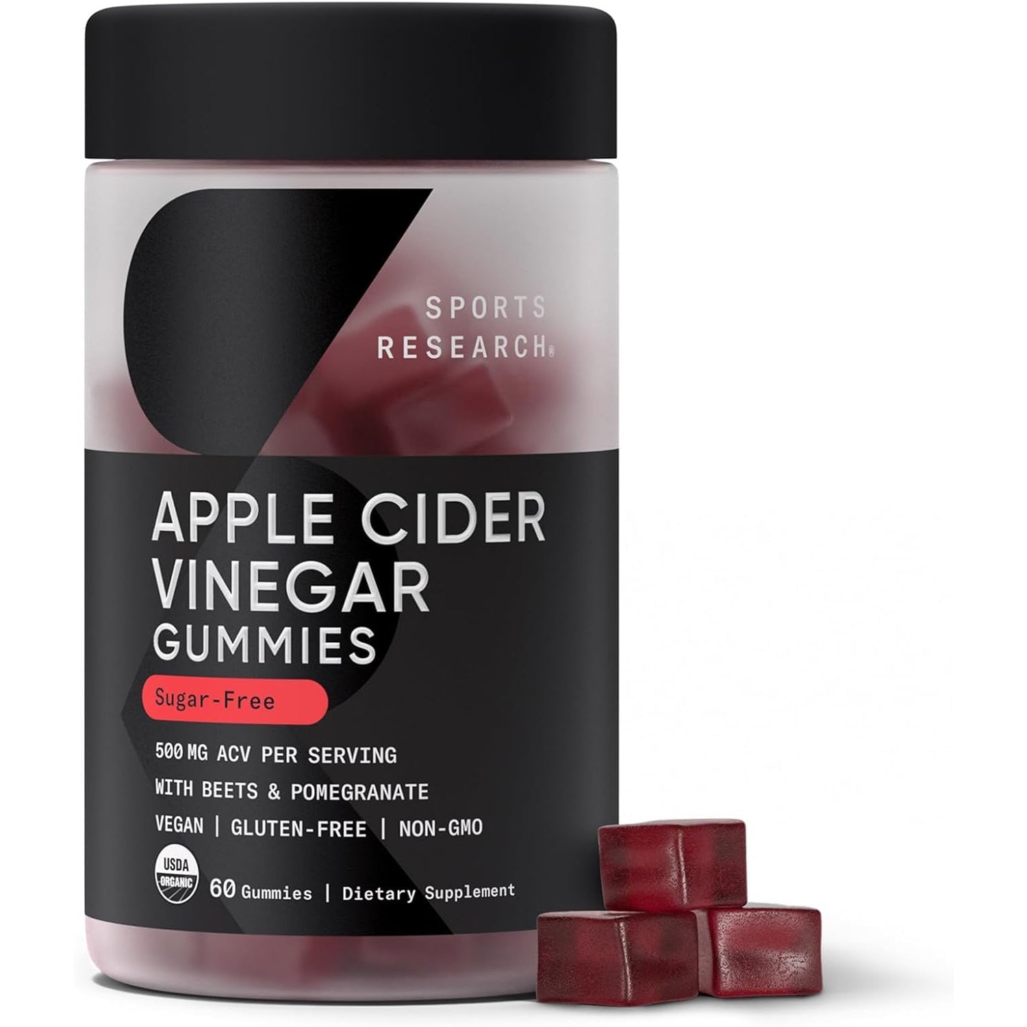 Sports Research® Organic Apple Cider Vinegar Gummies - for Diet Cleanses & Digestion | 500Mg | Non-Gmo Tested, Certified Vegan, Gluten Free ACV - 60 Gummies for Adults, 1 Month Supply