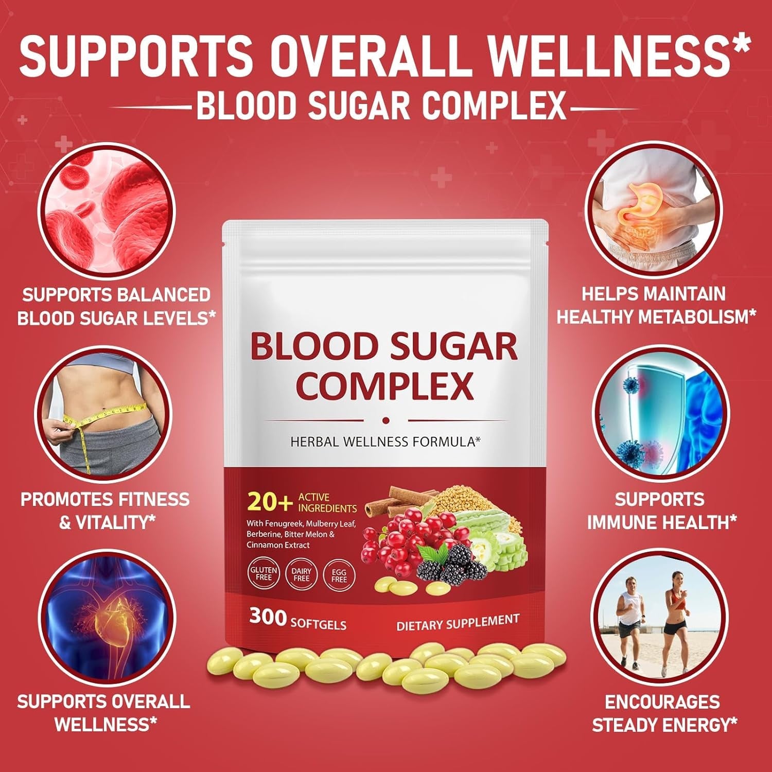 300 Softgels Blood Sugar Complex Supplement | 20+ Active Herbs-Berberine, Ceylon Cinnamon, Bitter Melon, Mulberry Leaf, Fenugreek, Vitamins for Energy Level, Vitality Support | Clean Formula
