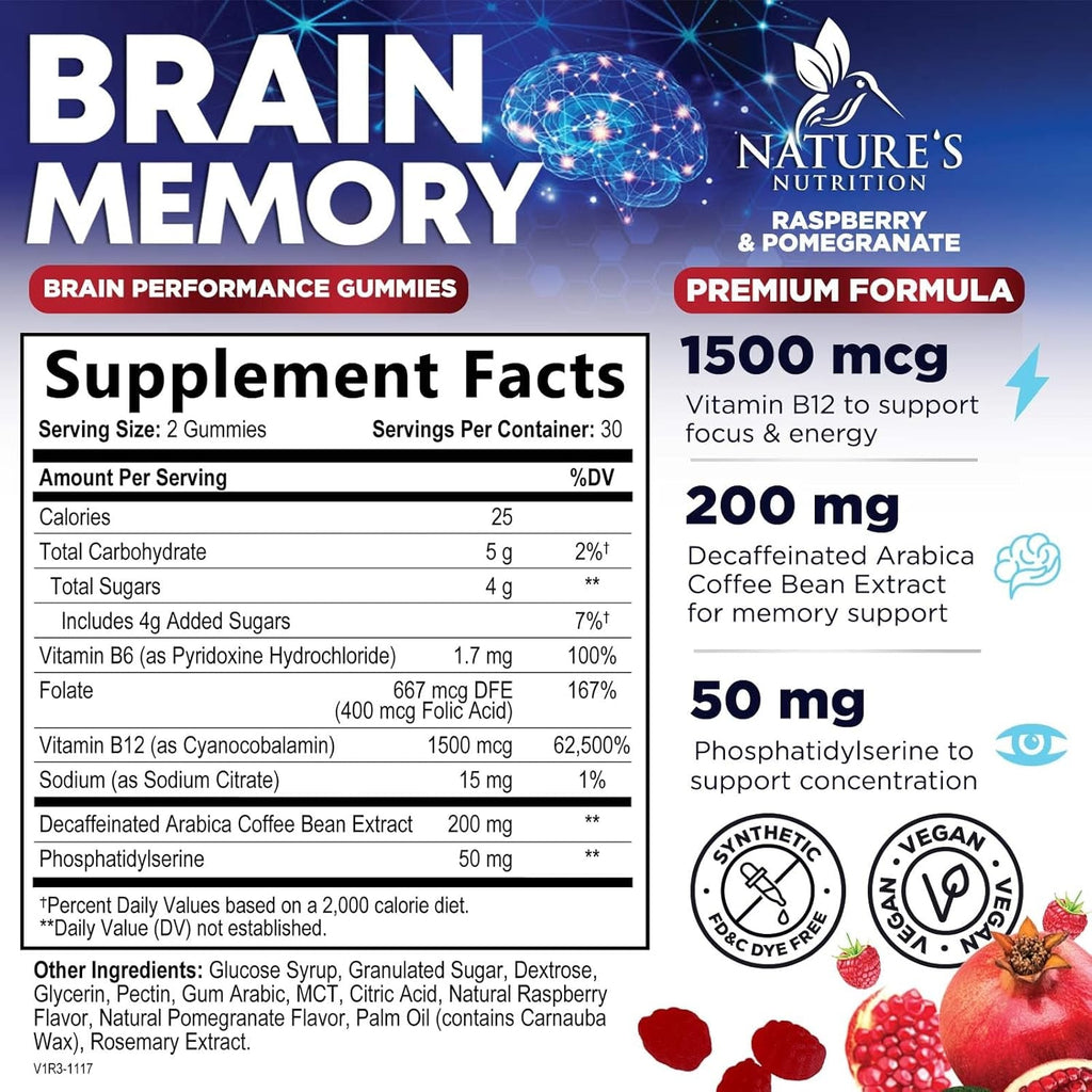 Brain Supplements for Memory & Focus Gummies - Brain Health Clarity with B6 B12 & Phosphatidylserine - Natural Nootropics Cognitive Concentration & Alertness Support Vitamins - 60 Vegan Gummies