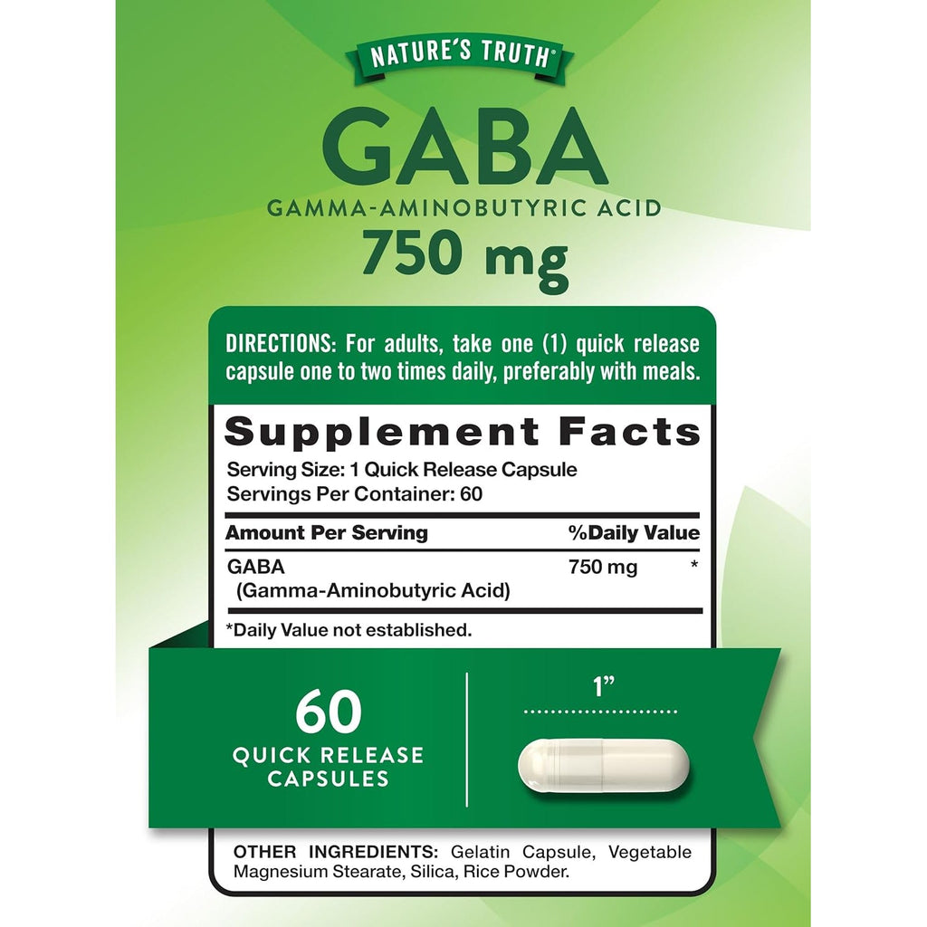 Nature'S Truth GABA 750Mg Capsules | 60 Count | Gamma Aminobutyric Acid Supplement | Non-Gmo & Gluten Free Supplement