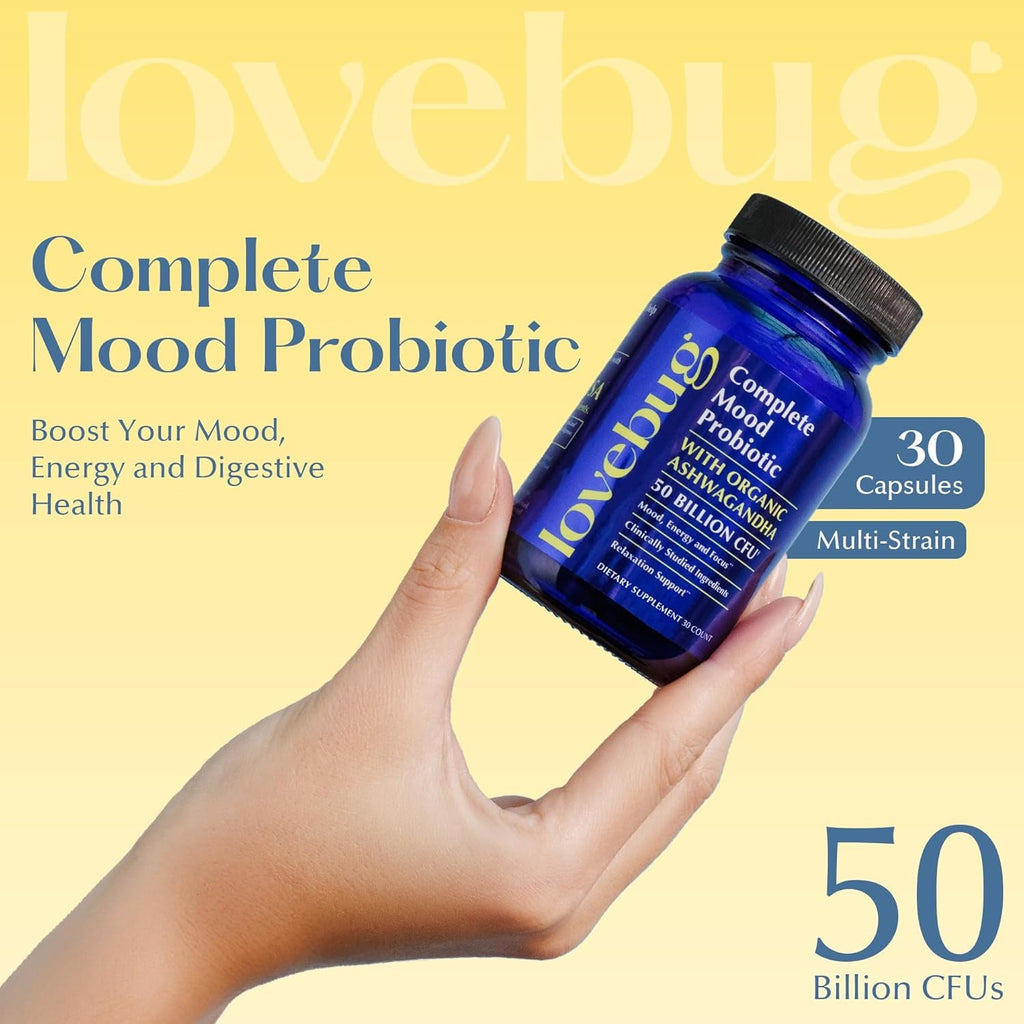 LOVEBUG Complete Mood Probiotic | 10 Clinically Studied Probiotic Strains & Patented Organic Ashwagandha for Cortisol and Serotonin Support | Natural Energy | Adaptogenic Stress-Defense | 30 Count
