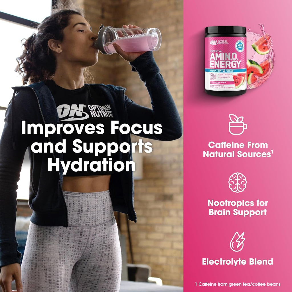 Optimum Nutrition Amino Energy Powder plus Focus, with BCAA, Electrolytes, and Caffeine, Watermelon, 30 Servings (Packaging May Vary)
