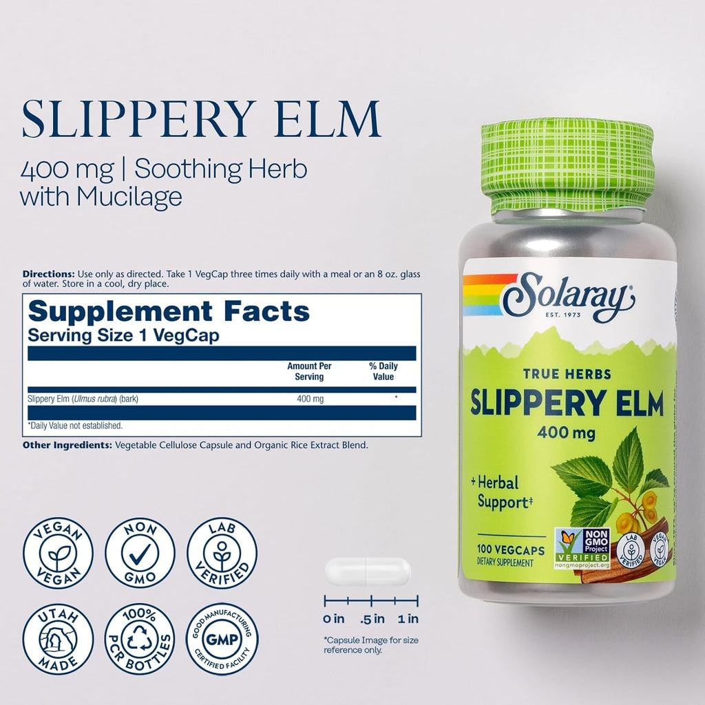 SOLARAY Slippery Elm Bark Capsules (Ulmus Rubra) 400 Mg - Soothing Herbal Support with Mucilage - Vegan, Lab Verified, 60-Day Money Back Guarantee - 100 Servings, 100 Vegcaps
