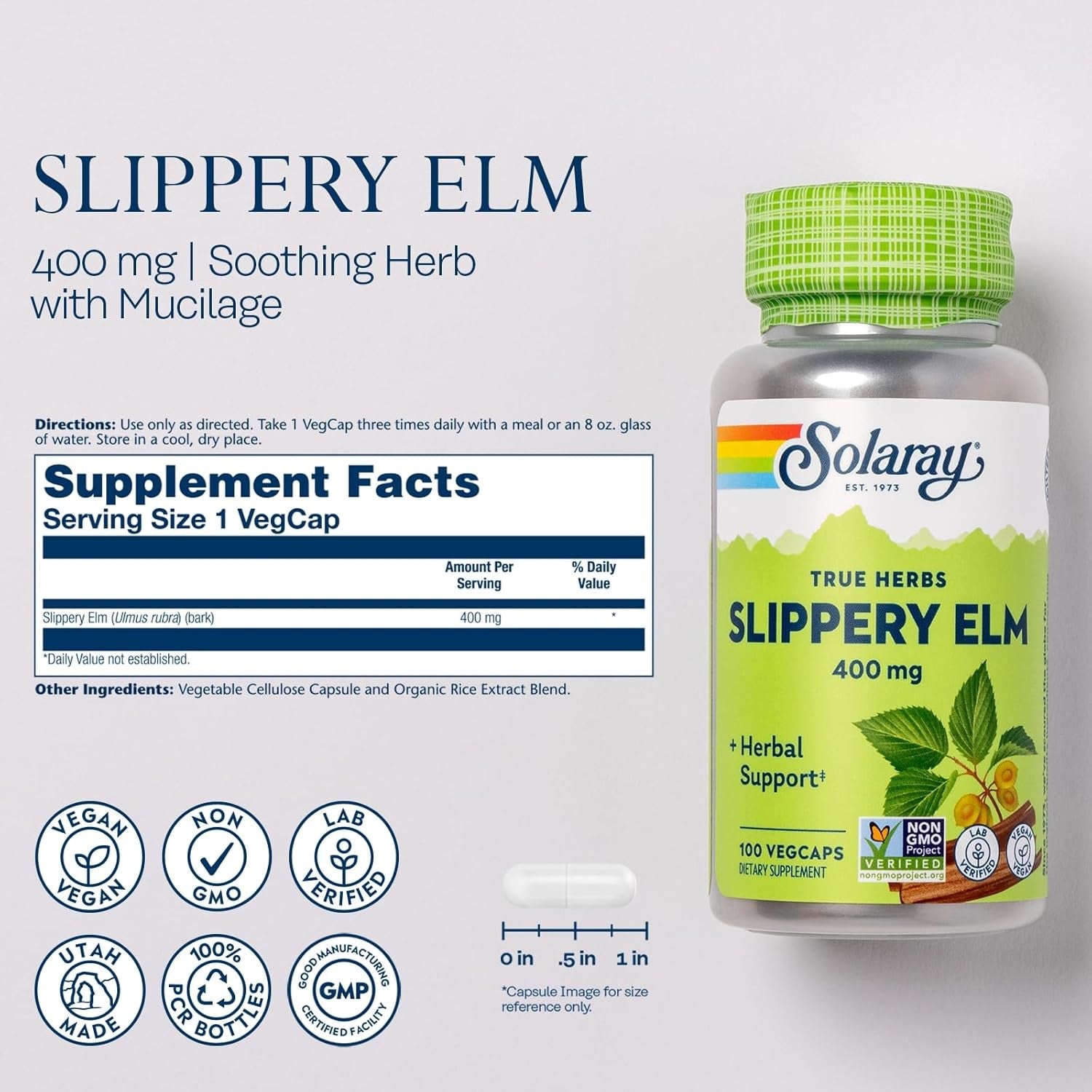 SOLARAY Slippery Elm Bark Capsules (Ulmus Rubra) 400 Mg - Soothing Herbal Support with Mucilage - Vegan, Lab Verified, 60-Day Money Back Guarantee - 100 Servings, 100 Vegcaps