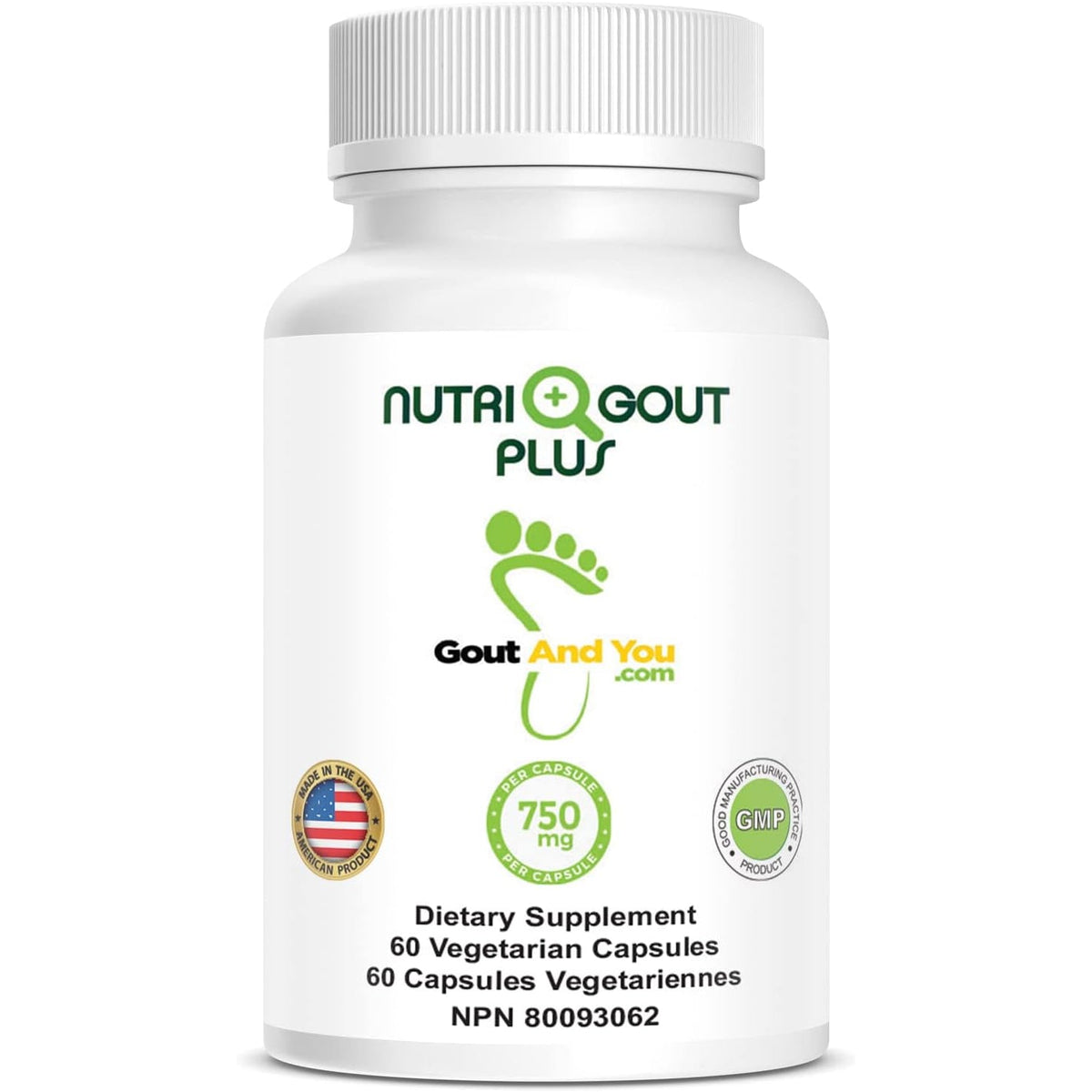 Gout and You Nutrigout plus - Uric Acid Support Premium Formula - 60 Vegetarian Capsules - 750 Mg per Capsule