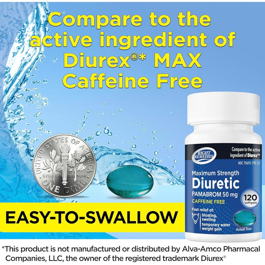 RIGHT REMEDIES Maximum Strength Caffeine-Free Diuretic Softgels, (120 Softgels), Pamabrom 50Mg, Helps Relieve Heaviness Due to Water Weight Gain