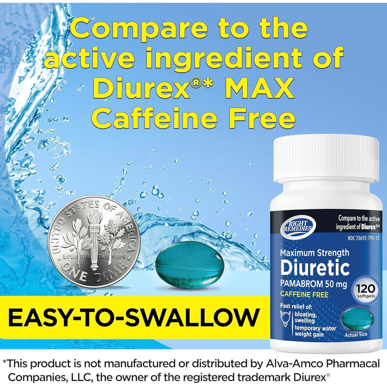 RIGHT REMEDIES Maximum Strength Caffeine-Free Diuretic Softgels, (120 Softgels), Pamabrom 50Mg, Helps Relieve Heaviness Due to Water Weight Gain
