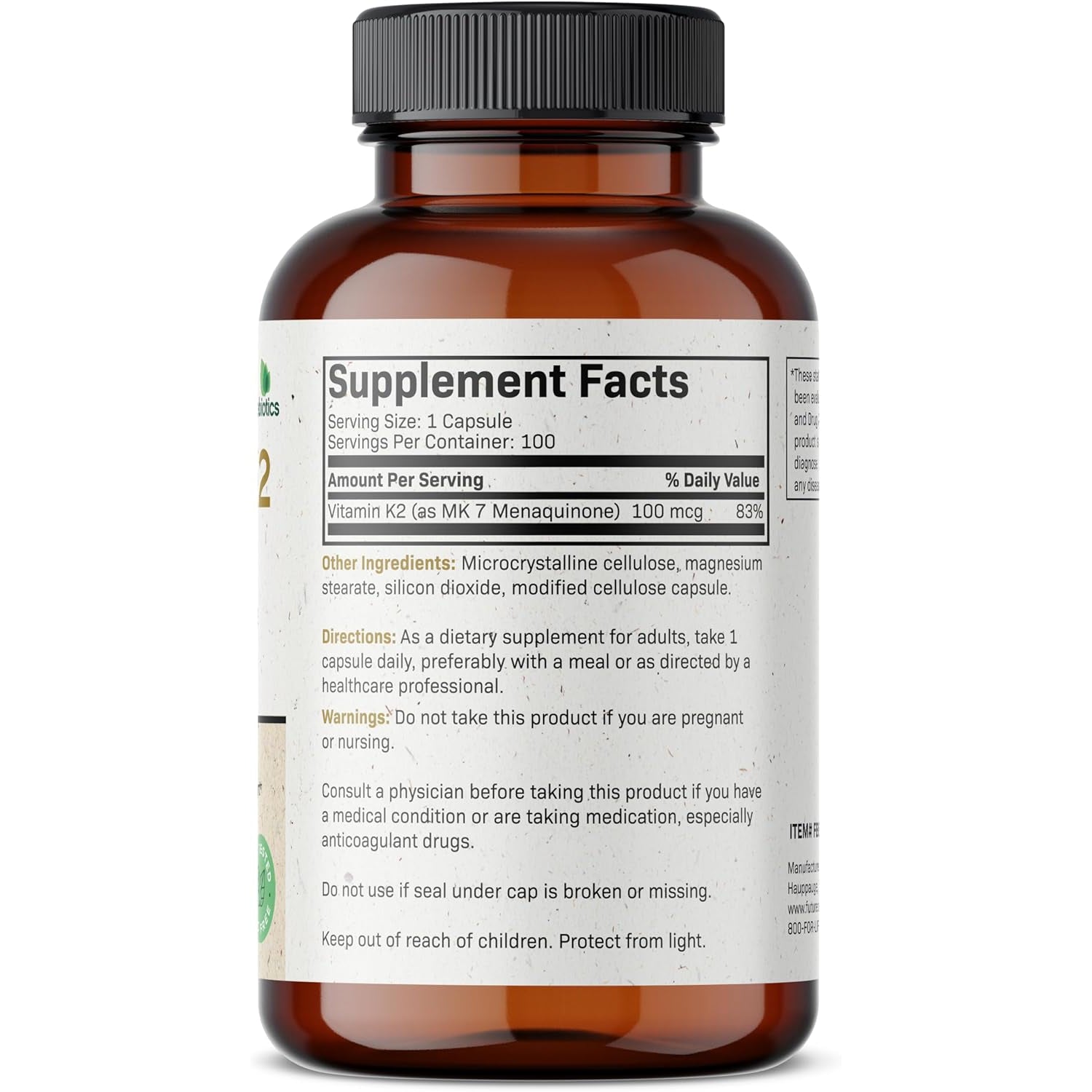 Futurebiotics Vitamin K2 as MK-7 100 Mcg, Supports Strong Bones - Non-Gmo, 100 Vegetarian Capsules