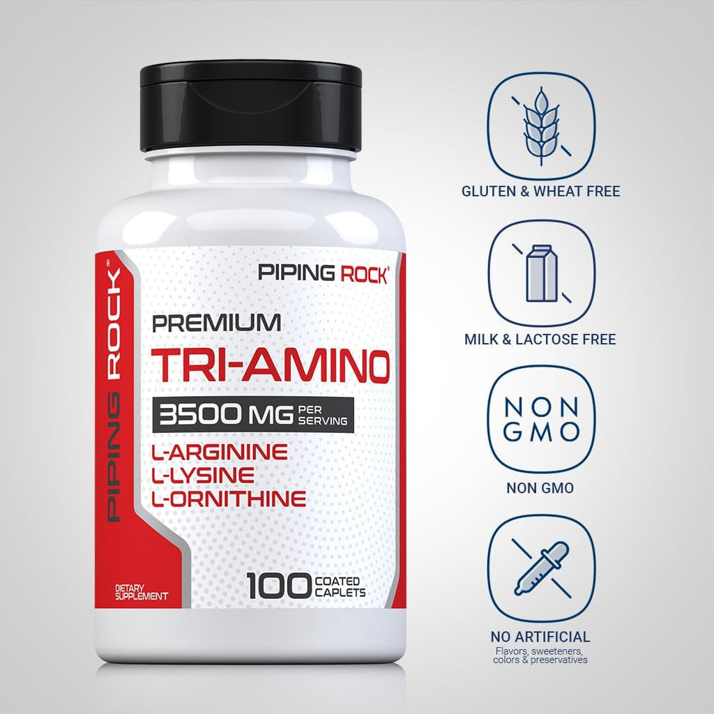 Piping Rock Tri Amino Supplement | 100 Caplets | Complex with L-Arginine, L-Ornithine, L-Lysine | Vegetarian, Non-Gmo, Gluten Free