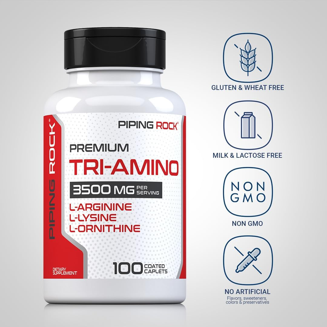 Piping Rock Tri Amino Supplement | 100 Caplets | Complex with L-Arginine, L-Ornithine, L-Lysine | Vegetarian, Non-Gmo, Gluten Free
