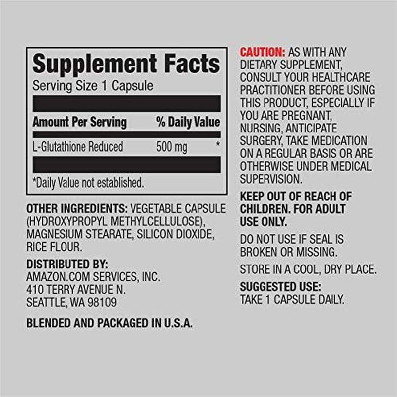 Amazon Elements Glutathione, Vegan, 500Mg per Serving, 60 Capsules