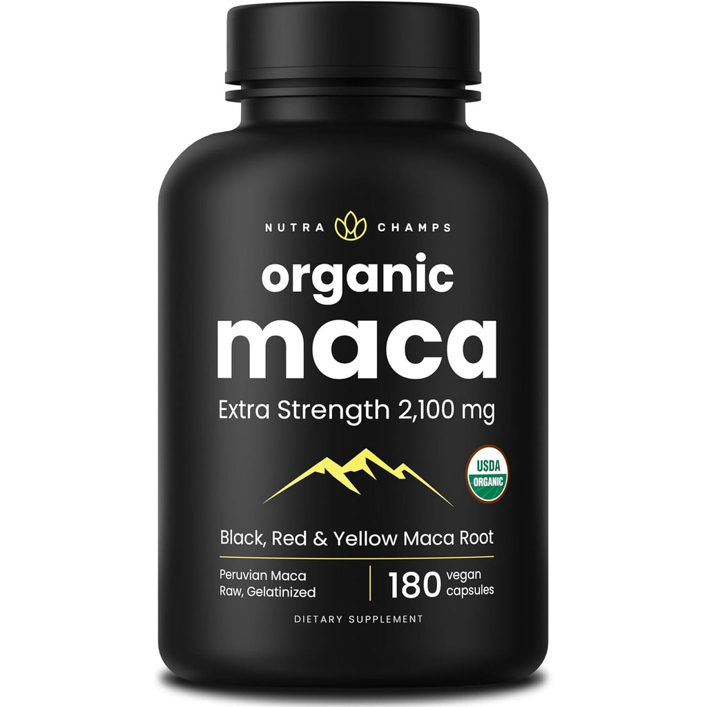 Nutrachamps USDA Organic Maca Root Capsules for Women & Men, 2100Mg, 180 Capsules, Black, Red & Yellow, Peruvian Maca Peruana, Extra Strength Pure Premium Gelatinized Root Powder Supplement