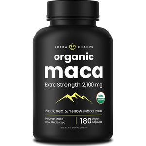 Nutrachamps USDA Organic Maca Root Capsules for Women & Men, 2100Mg, 180 Capsules, Black, Red & Yellow, Peruvian Maca Peruana, Extra Strength Pure Premium Gelatinized Root Powder Supplement