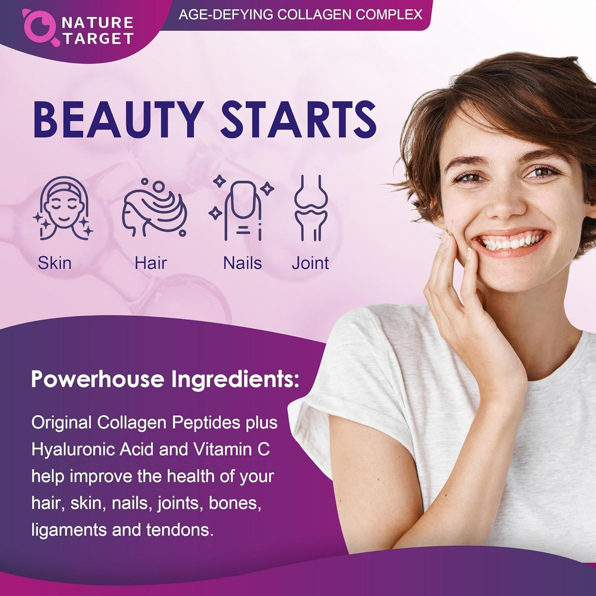 NATURE TARGET Multi Collagen Peptides Powder - Type I, II, III, V, X - Hydrolyzed Collagen Peptides with Vitamin C Hyaluronic Acid, Supports Skin Hair Nail & Joint, Grass-Fed, Non-Gmo, 50 Servings