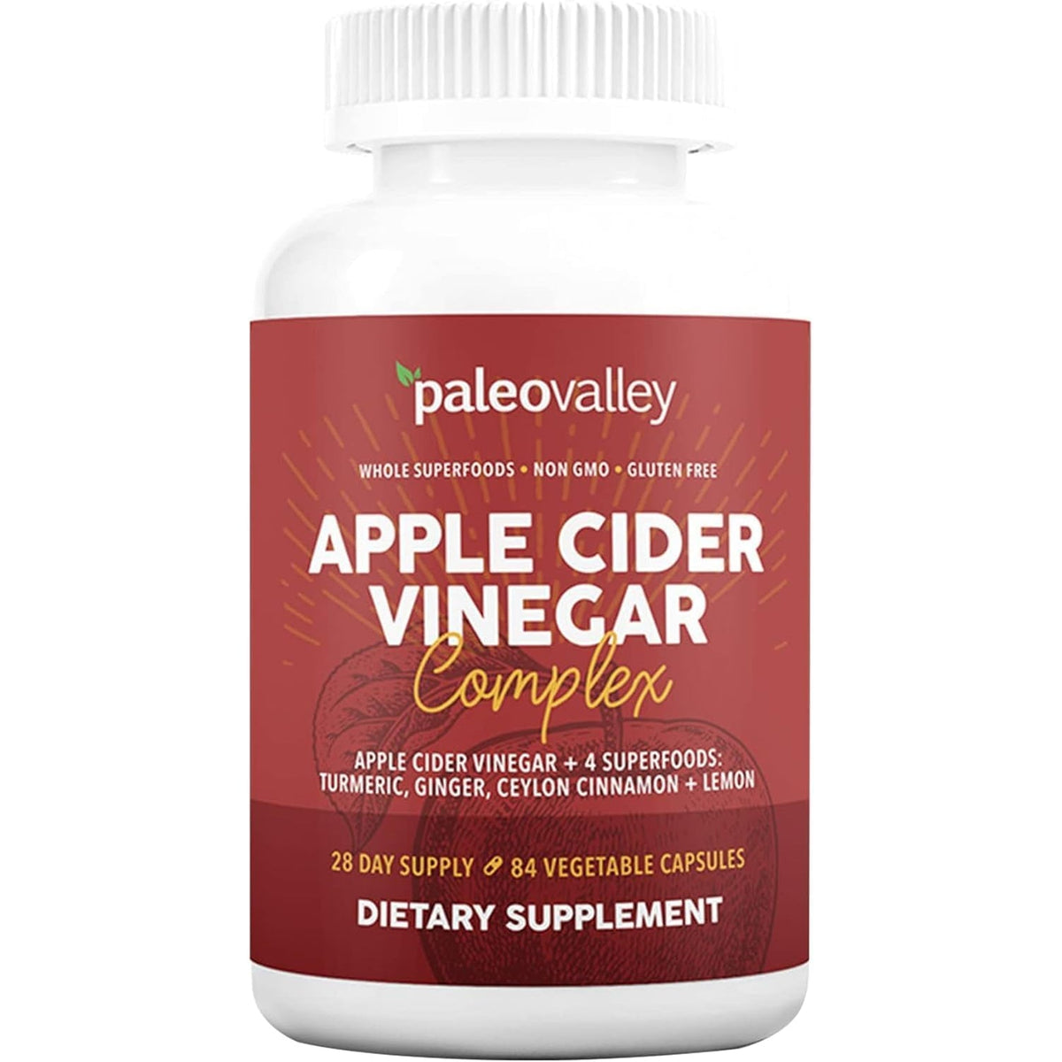 Paleovalley Apple Cider Vinegar Complex with Superfoods - Turmeric, Ginger, Ceylon Cinnamon and Lemon - 84 Vegetable Capsules