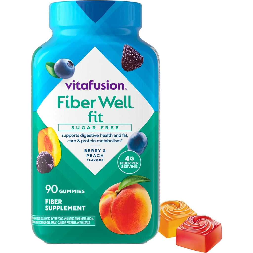 Vitafusion Fiber Well Fit Gummies | 4G | 90 Count | Sugar Free Adult Gummy | Vitamins for Women & Men | Berry & Peach Flavors | Gluten Free Supplement
