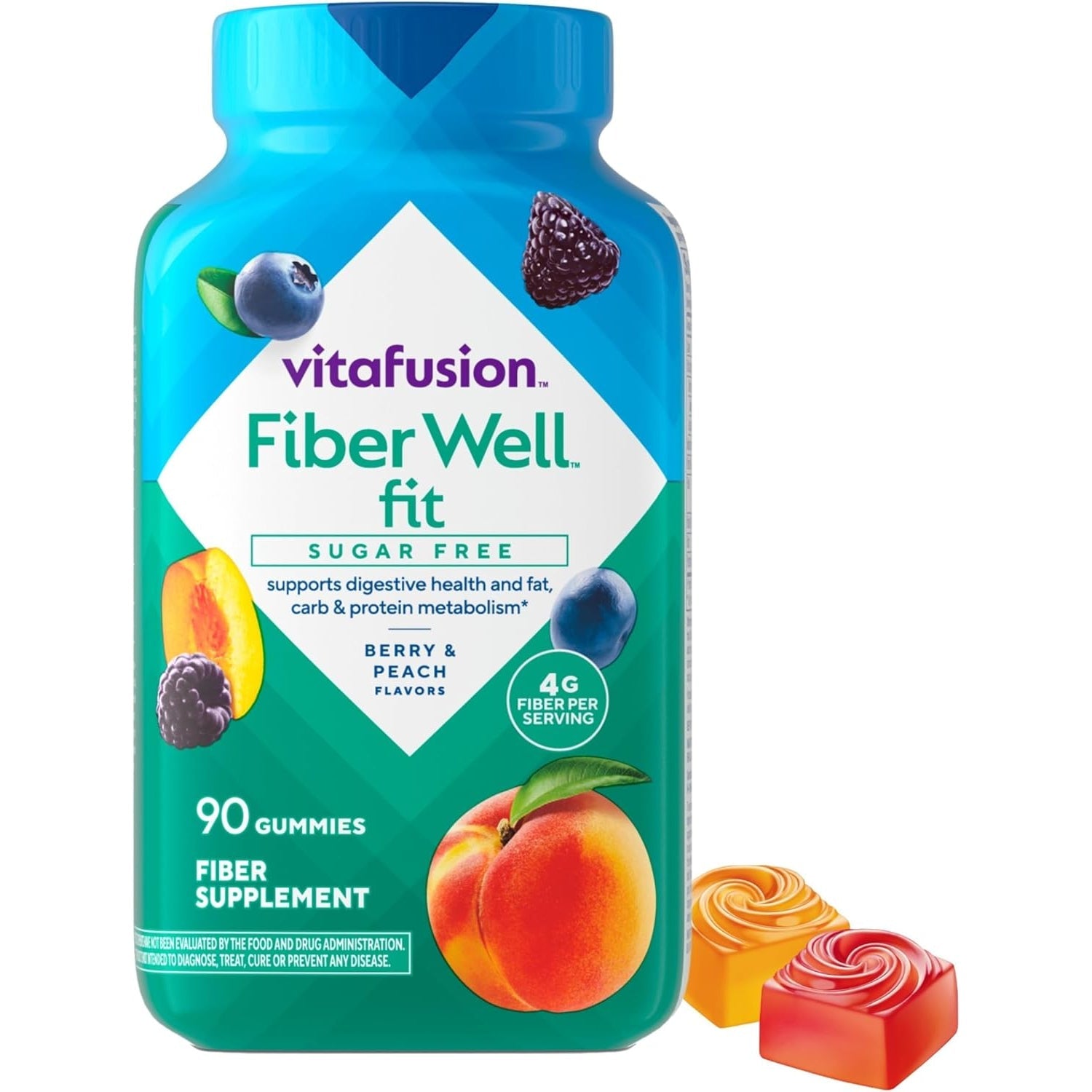 Vitafusion Fiber Well Fit Gummies | 4G | 90 Count | Sugar Free Adult Gummy | Vitamins for Women & Men | Berry & Peach Flavors | Gluten Free Supplement