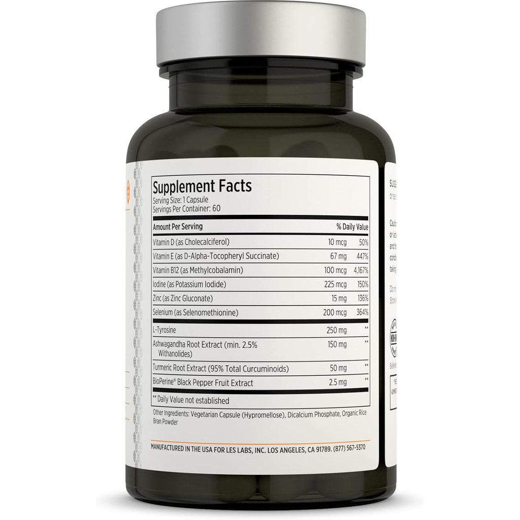 LES Labs Thyroid Support – Metabolic Health, Thyroid Hormone Production, Energy & Focus – Iodine, L-Tyrosine, Ashwagandha, Selenium & Turmeric – Non-Gmo Supplement – 60 Capsules