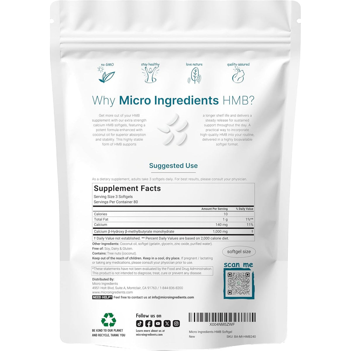 HMB 1,000Mg | 240 Softgels with Coconut Oil | Highly Bioavailable | HMB Supplements for Men & Women | Calcium Beta-Hydroxy Beta-Methylbutyrate | Supports Lean Muscle Mass & Muscle Recovery
