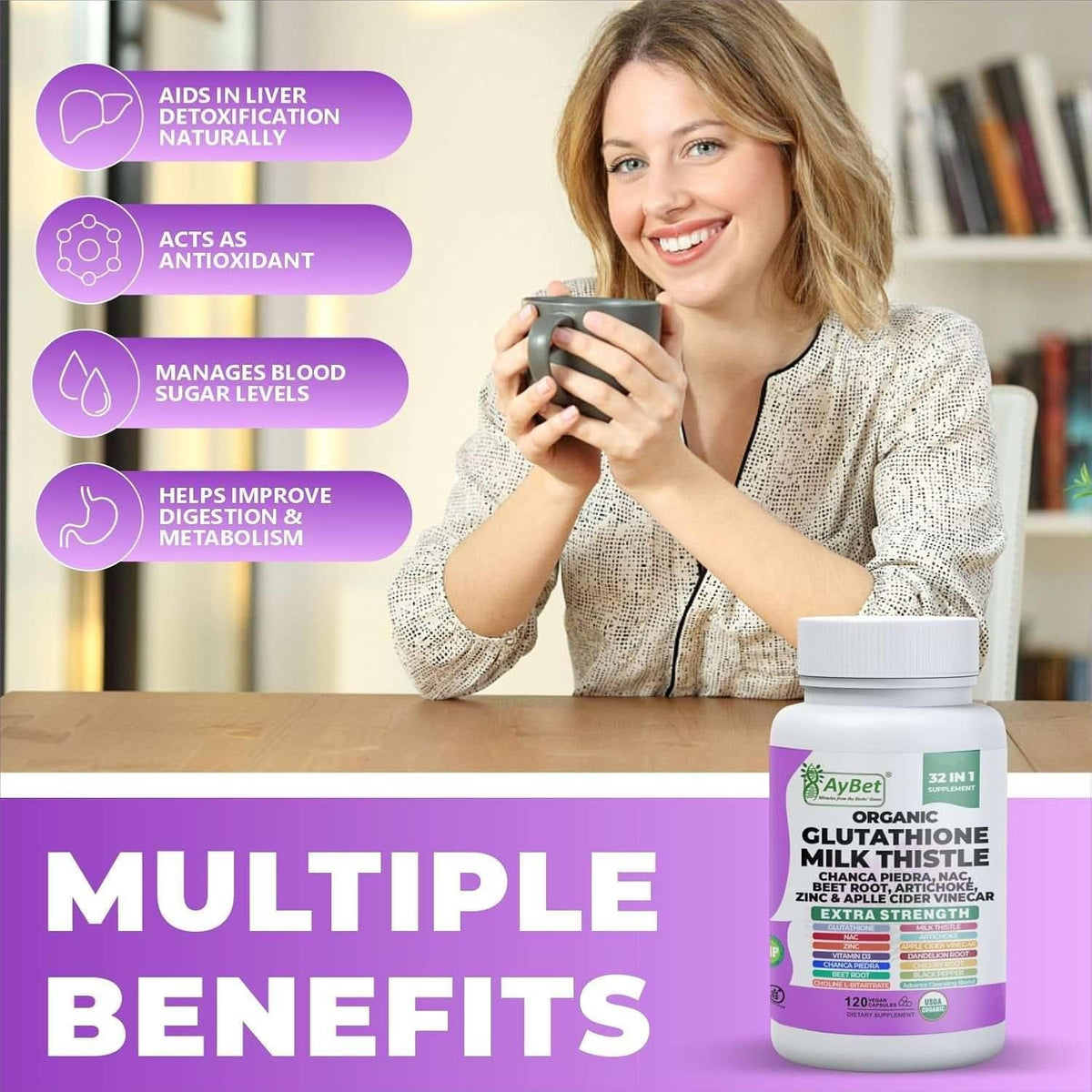 Glutathione NAC Milk Thistle Supplement | Liver Health Support | 32-In-1 Herbal Antioxidant Formula with Chanca Piedra, Turmeric, Dandelion Root, Beet Root & Zinc | Halal Vegan Organic Daily Wellness