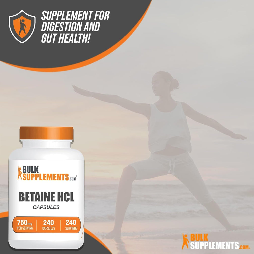Bulksupplements.Com Betaine Hcl Capsules - Betaine Hydrochloride Supplement for Digestive Support, Betaine Hcl 750Mg - Gluten Free, 1 Capsule per Serving, 240 Capsules (Pack of 1)