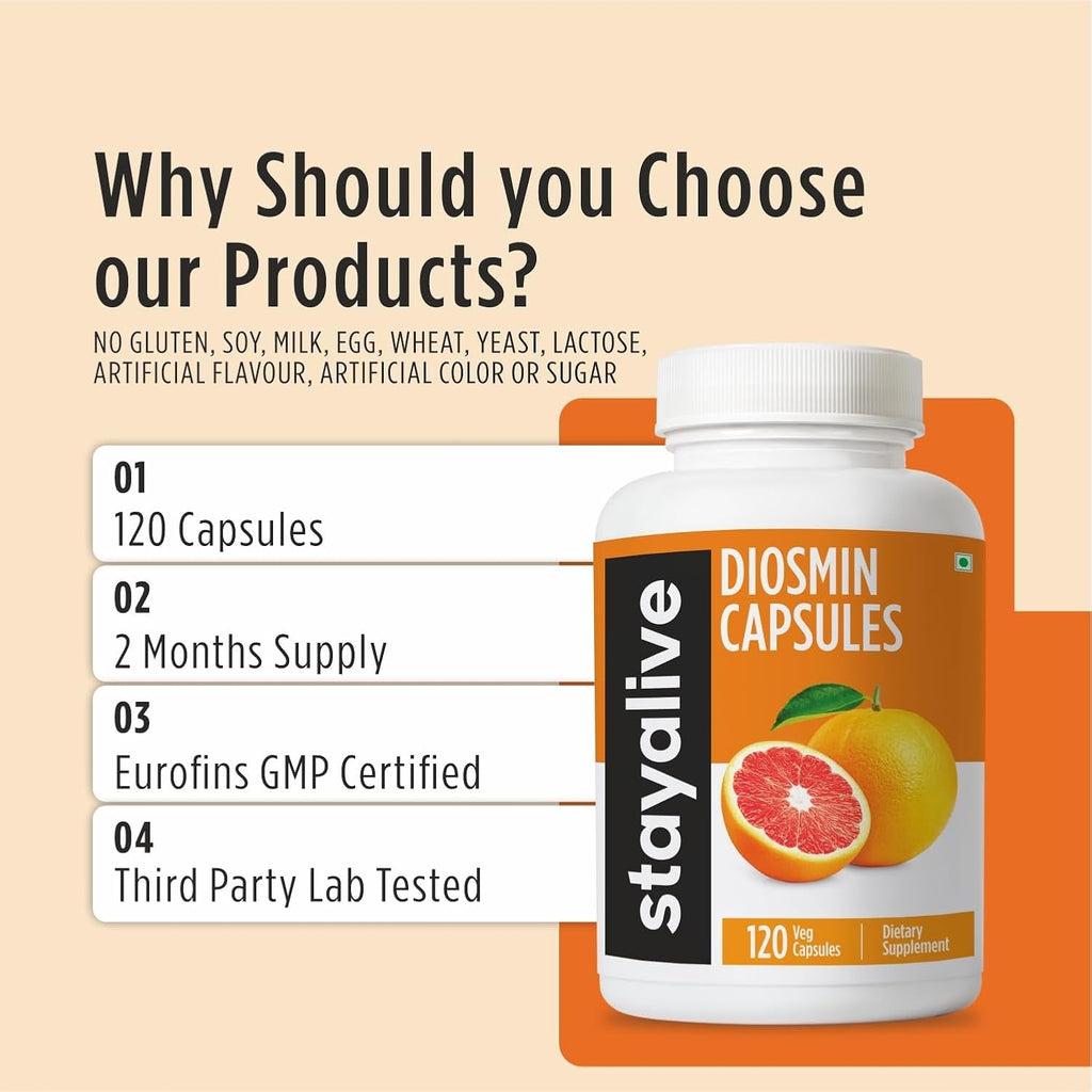 STAY ALIVE Pure Diosmin Complex 1000Mg Formula, 120 Capsules, Citrus Bioflavonoids Rich Fruit Extract, 2 Month Supply, 100% Vegetarian, Non-Gmo & Gluten Free Diosmin Supplement