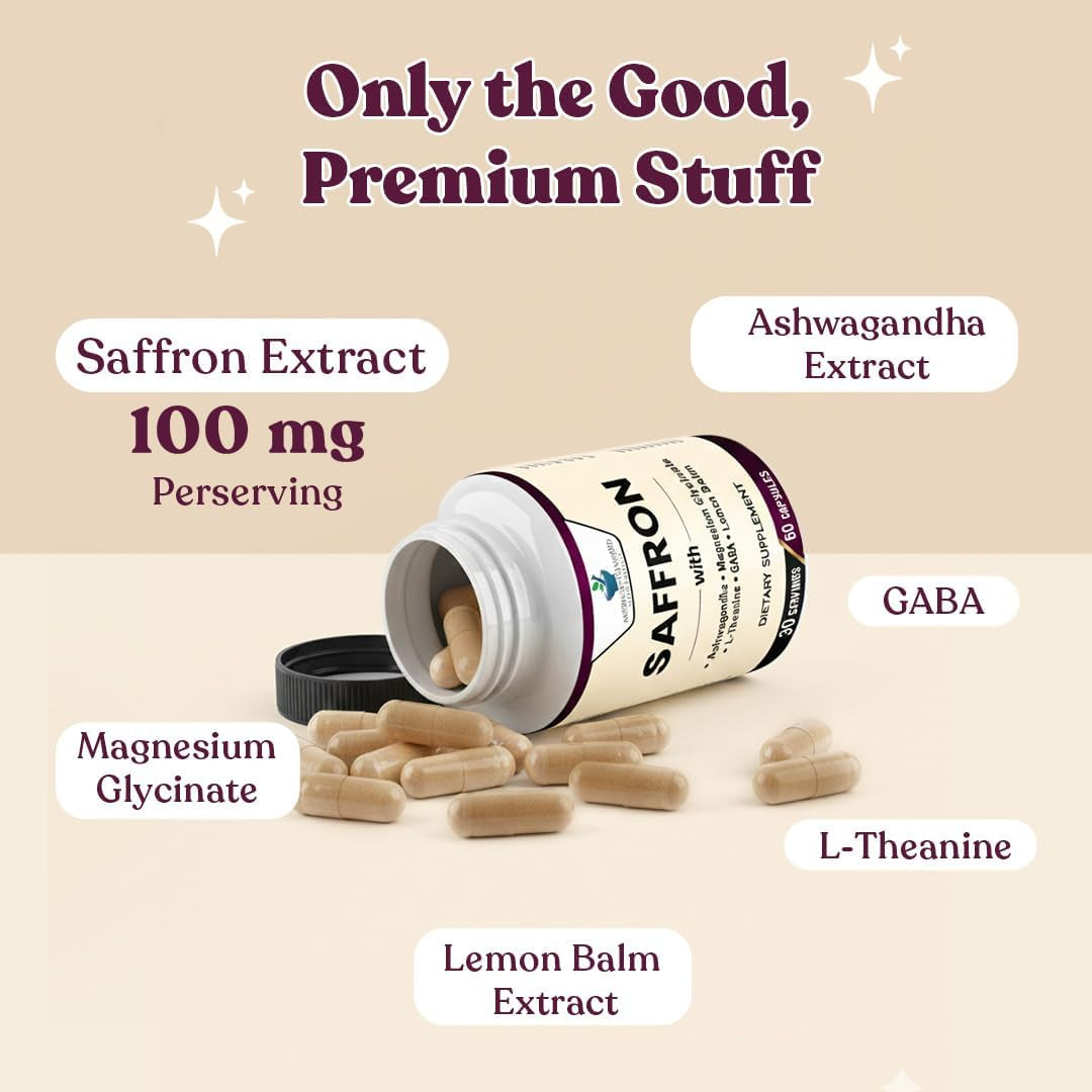 American Standard Supplements Saffron Extract 100Mg per Serving with Magnesium Glycinate, Ashwagandha, L-Theanine, GABA, Lemon Balm, Vegan, Non-Gmo, 60 Capsules
