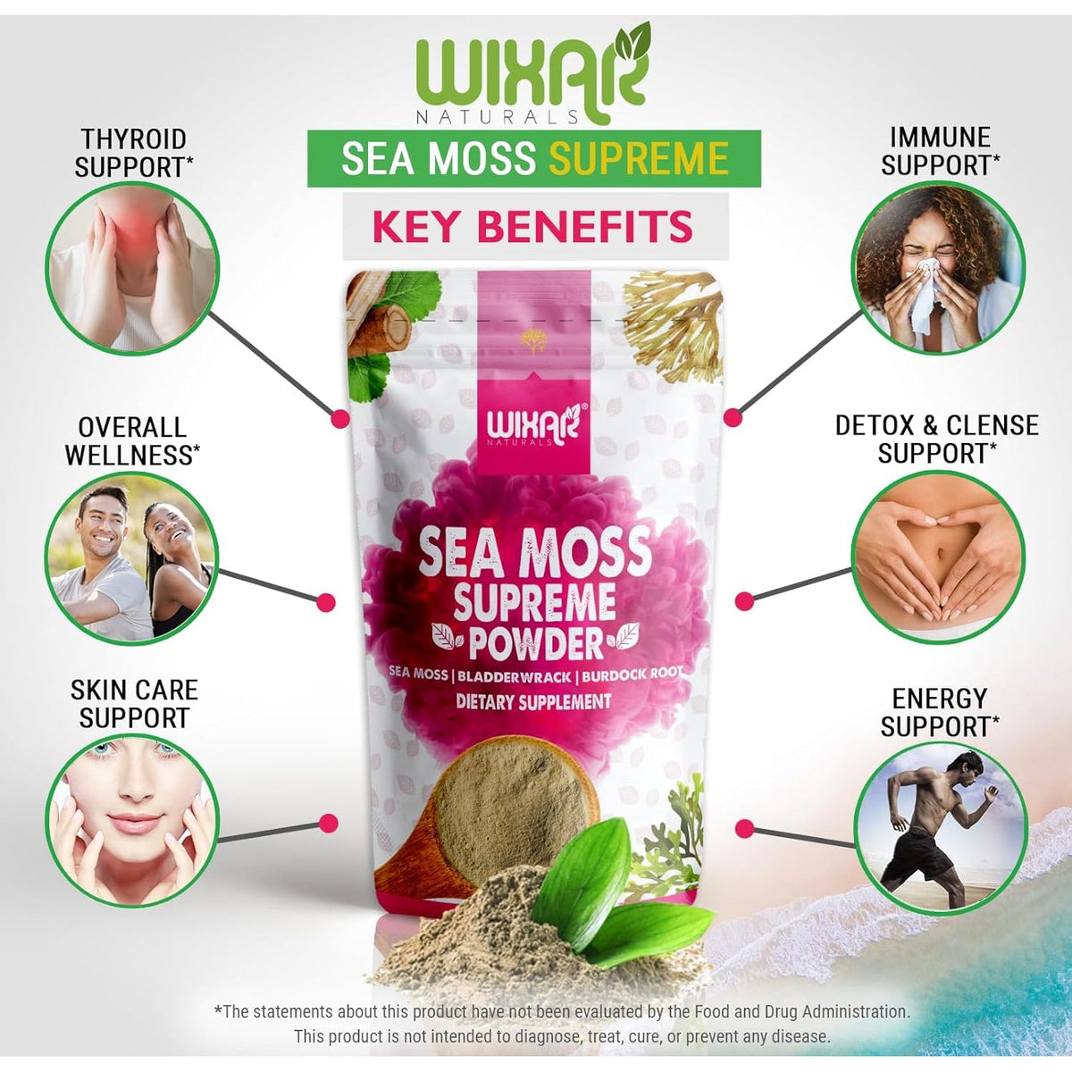 Wixar Wildcrafted Sea Moss Powder – (8 Ounces) – Natural Irish Sea Moss and Bladderwrack with Burdock Powder - Thyroid Support, Healthy Skin, Keto Detox, Joint Support Alkaline Supplements