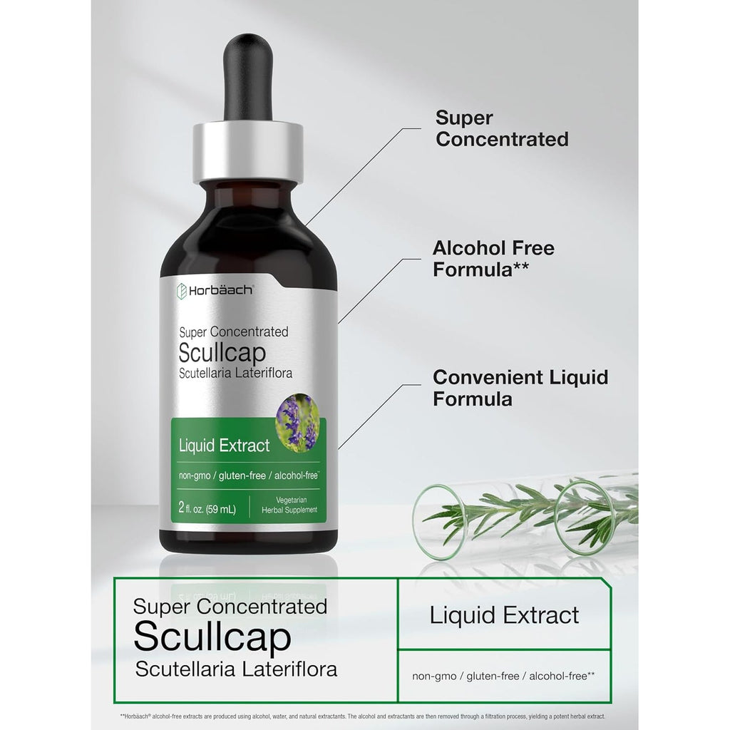Horbaach Scullcap Herb Tincture | 2 Fl Oz | Liquid Extract Drops | Scutellaria Lateriflora | Alcohol Free, Vegetarian | Super Concentrated Supplement | Non-Gmo & Gluten Free
