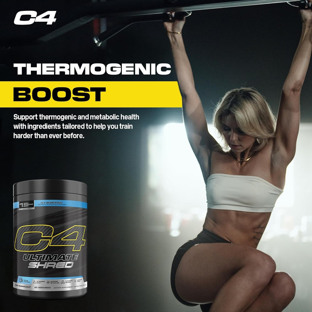 Cellucor C4 Ultimate Shred Pre Workout Powder, Fat Burner for Men & Women, Weight Loss Supplement with Ginger Root Extract, Icy Blue Razz, 20 Servings