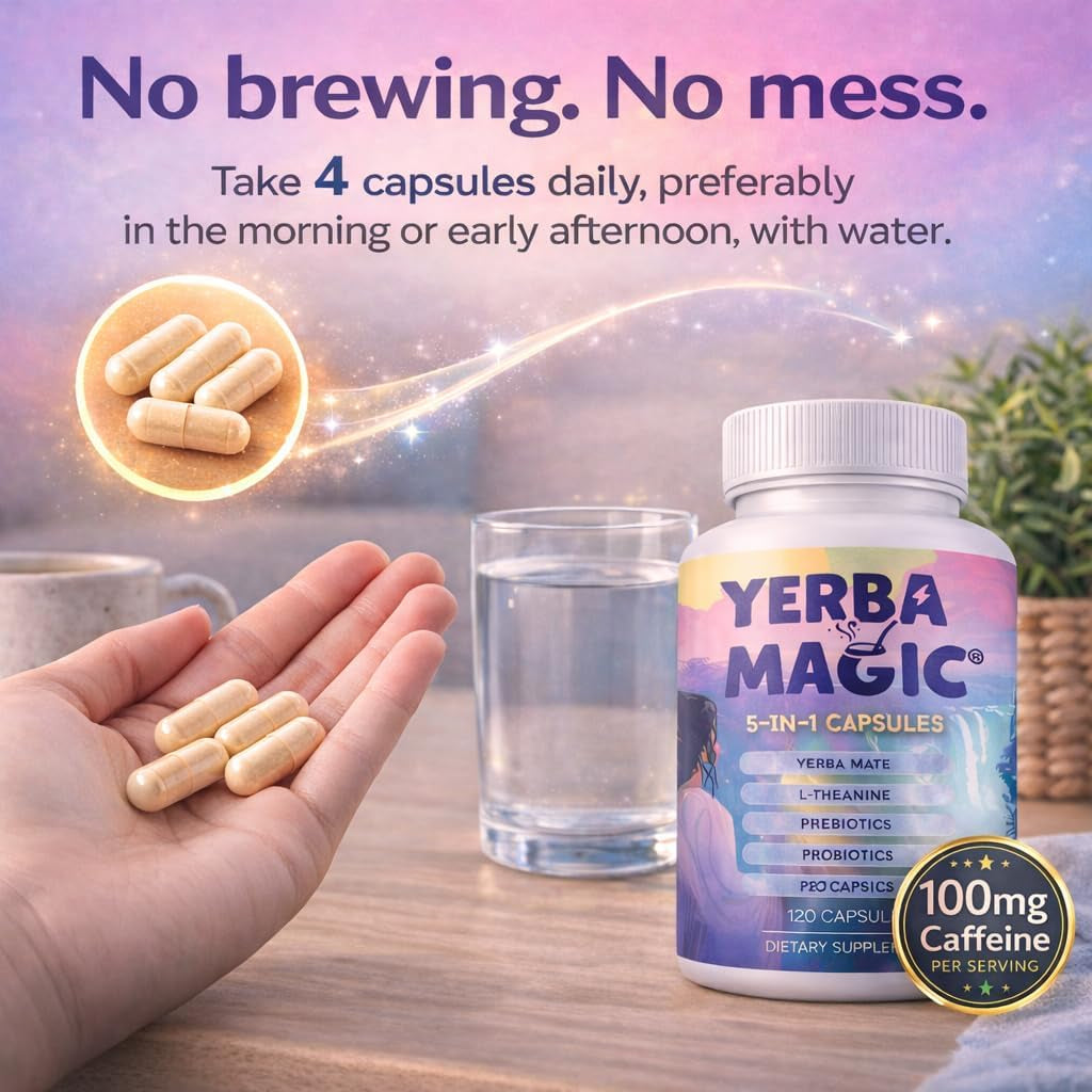 Brainista Yerba Magic 5-In-1 Capsules – Yerba Mate Energy + Lion’S Mane, L-Theanine, Prebiotics & Probiotics - Calm Focus, Gut Support & Clean Energy - 100Mg Natural Caffeine | 30 Servings