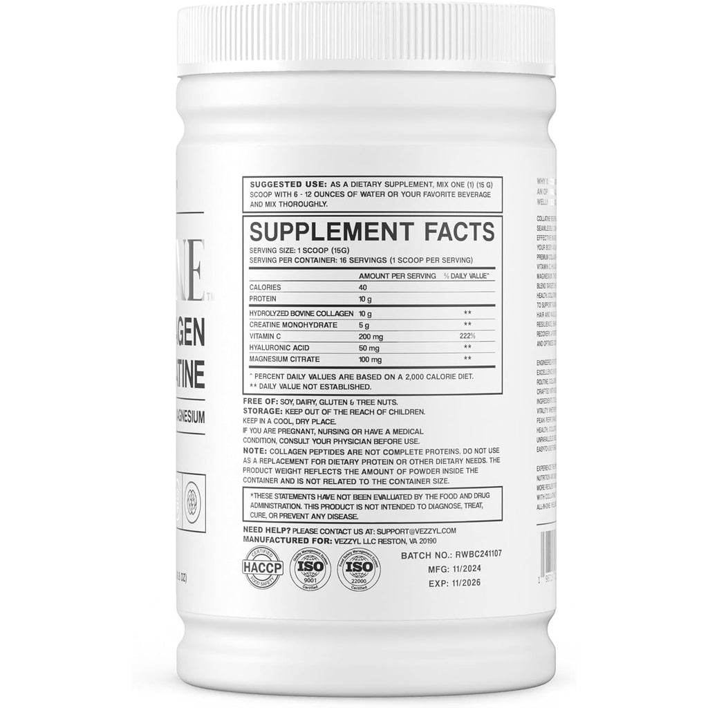 Collatine - Premium Collagen Peptides + Creatine with Vitamin C, Hyaluronic Acid and Magnesium for Skin, Hair, Nails, Bone & Joint, Muscle, Immune and Cognitive Aid (.55 LB (250 G/8.8 OZ)