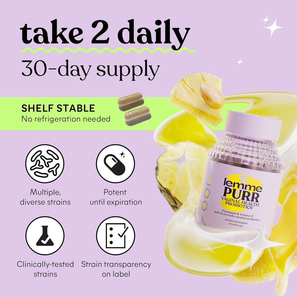 Lemme Purr Vaginal Probiotics for Women - Promotes Ph Balance, Healthy Vaginal Odor & Urinary Tract Health W/Lactobacillus Blend, Clinically Tested Strains, Pineapple & Vitamin C - 60 Veggie Capsules