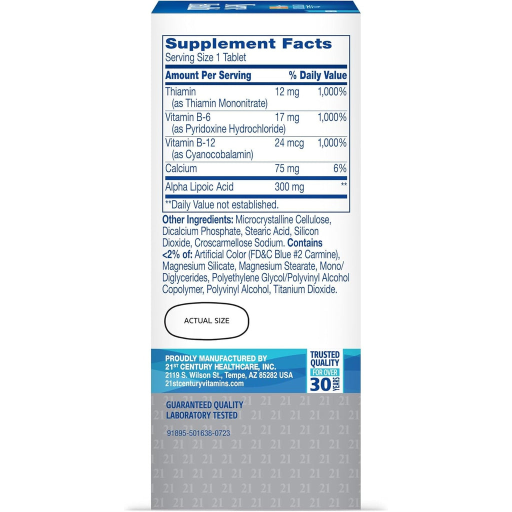 21St Century Nerve Health Tablets (30 Count), Alpha Lipoic Acid 300Mg, B1, B6, & B12 Vitamins for Nerve Function Support, Antioxidant ALA Supplement, Gluten Free. Non-Gmo, & Vegan