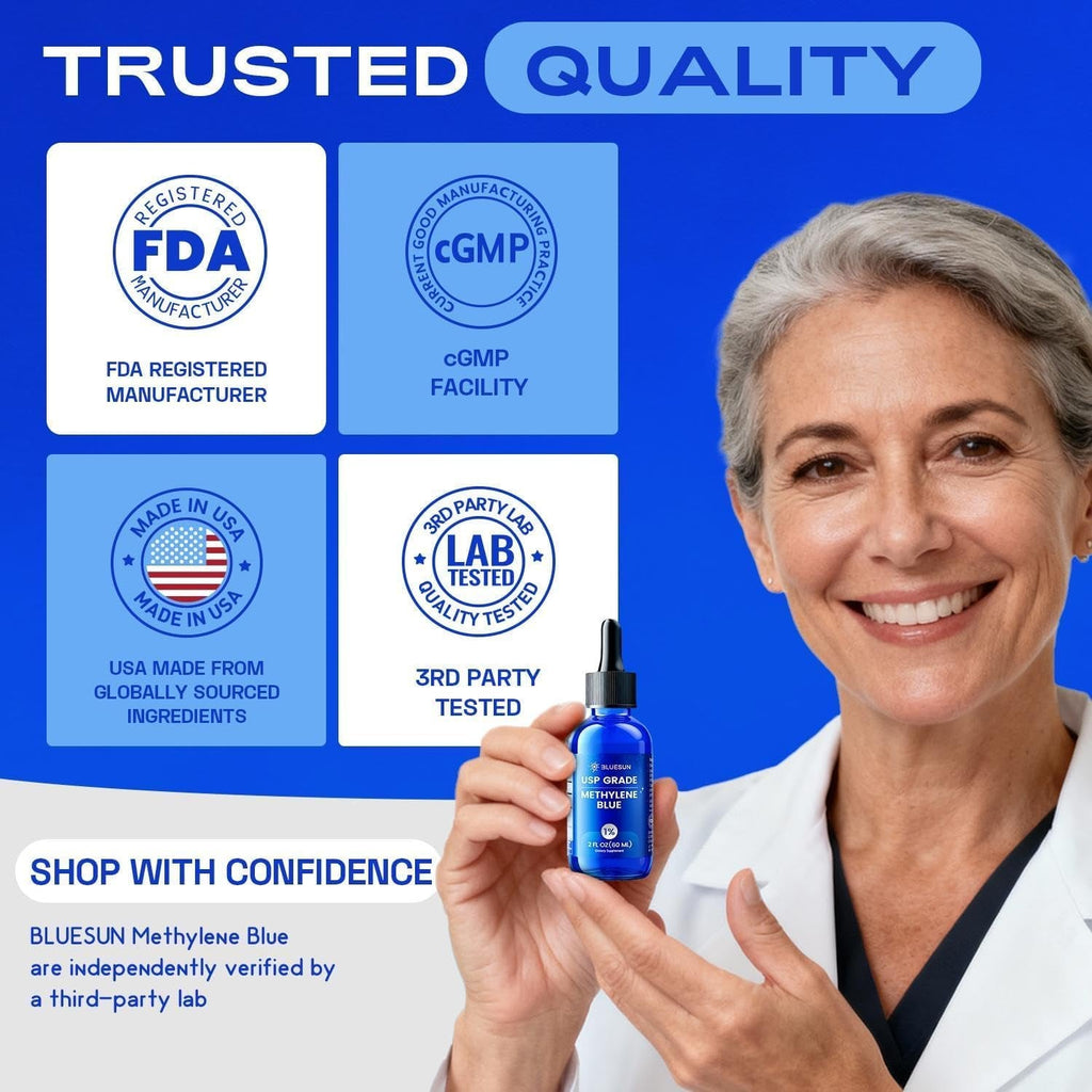 Bluesun Methylene Blue Drops 1% Pharmaceutical Grade - USA Made, Formaldehyde-Free, 3Rd-Party Tested, USP Purity, Gmo-Free, Alcohol-Free, COA Included - 2 FL Oz(60Ml) Cobalt Blue Glass 10Mg/Ml, 2 Pack