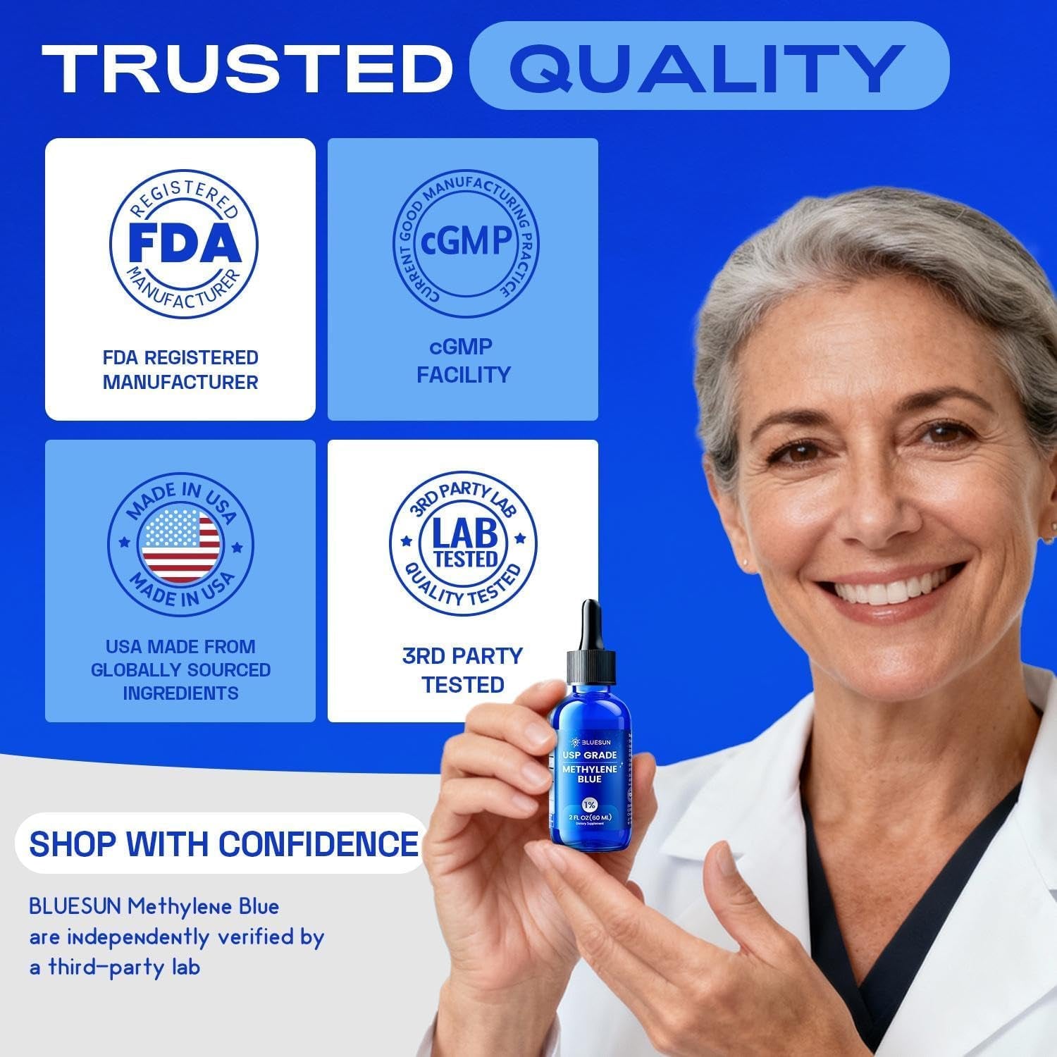 Bluesun Methylene Blue Drops 1% Pharmaceutical Grade - USA Made, Formaldehyde-Free, 3Rd-Party Tested, USP Purity, Gmo-Free, Alcohol-Free, COA Included - 2 FL Oz(60Ml) Cobalt Blue Glass 10Mg/Ml, 2 Pack