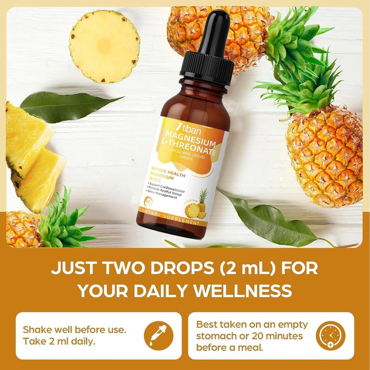 Magnesium L-Threonate Liquid Drops Restore Health Magnesium Levels Support Cardiovascular Promote Restful Sleep Relax Pineapple Flavor 60Ml