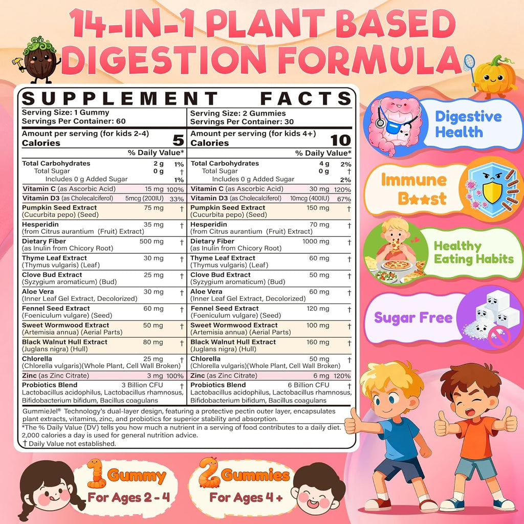 Toddler 2-4 & Kids 4+ Para Clean Gut Health Gummies W/Wormwood, Black Walnut, Clove, Pumpkin Seeds, Vitamin C, D3, Zinc, Digestive Supplement for Natural Gut Cleanse, Kids Immune Support (60Cts)