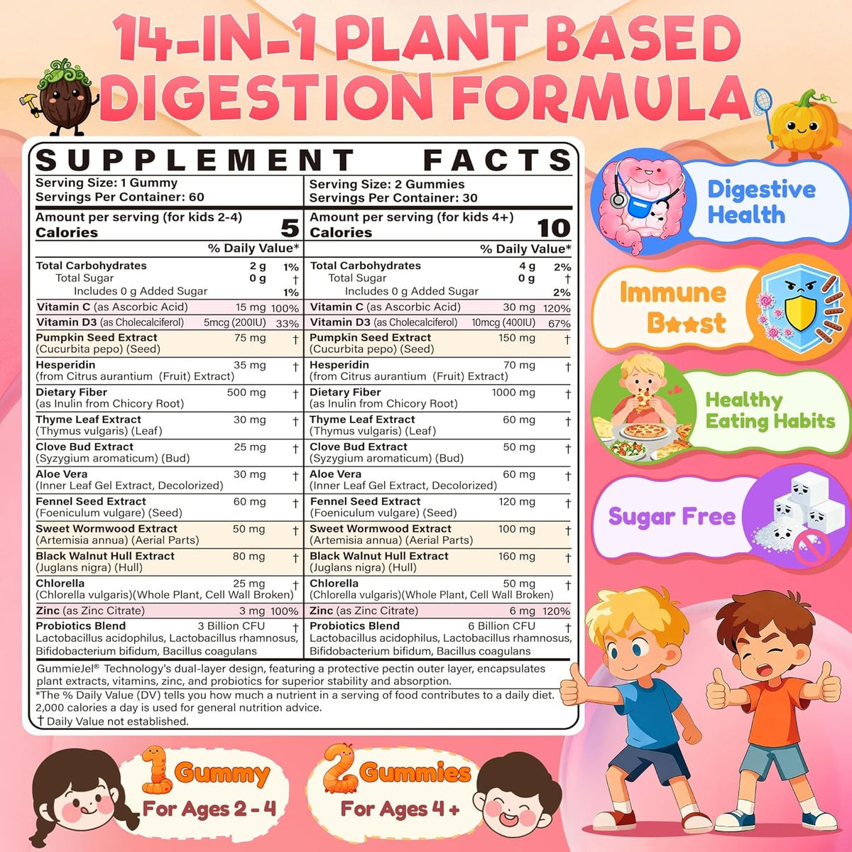 Toddler 2-4 & Kids 4+ Para Clean Gut Health Gummies W/Wormwood, Black Walnut, Clove, Pumpkin Seeds, Vitamin C, D3, Zinc, Digestive Supplement for Natural Gut Cleanse, Kids Immune Support (60Cts)