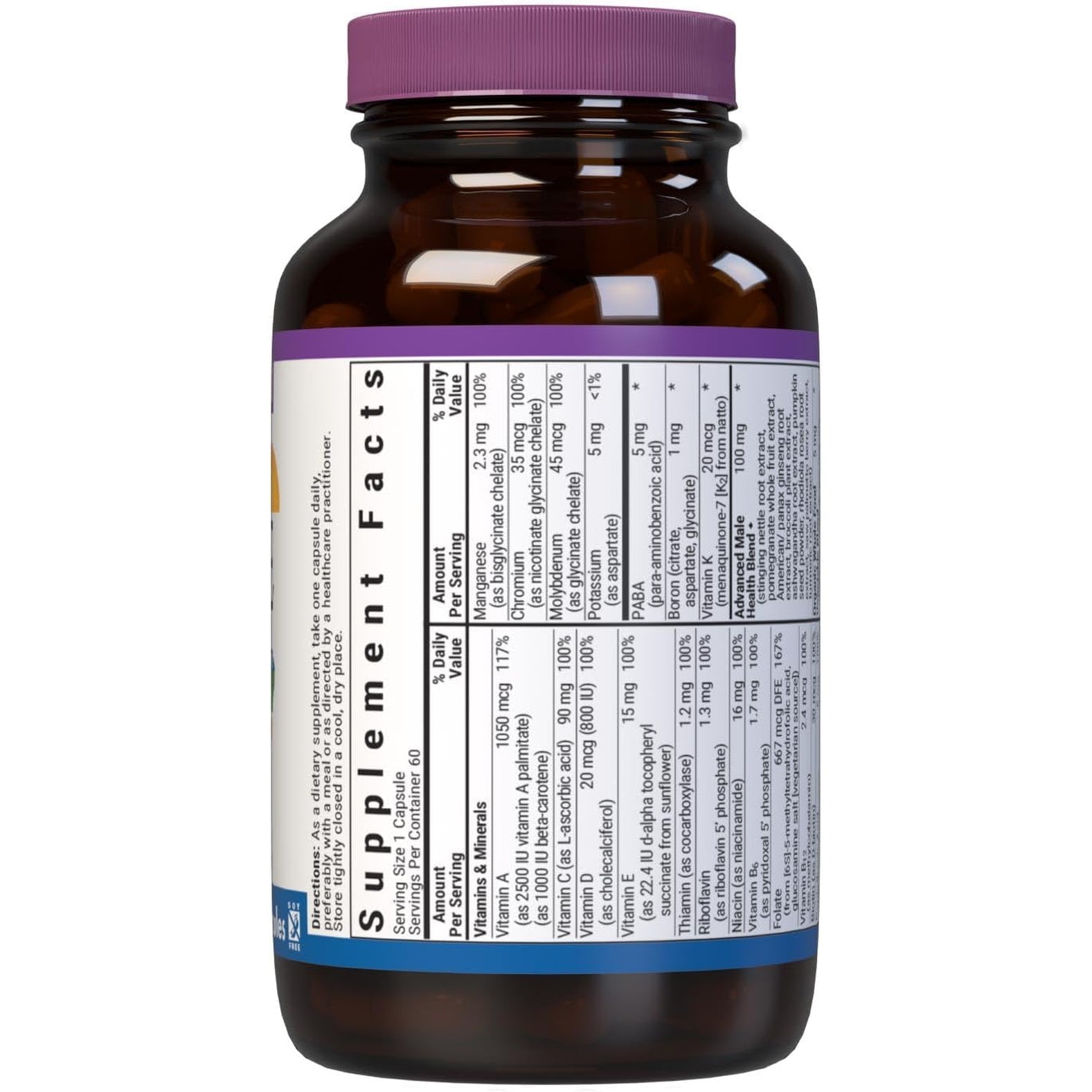 Bluebonnet Nutrition Men’S One Vegetable Capsule, Whole Food Multiple, K2, Organic, Energy, Vitality, Non-Gmo, Gluten, Soy & Milk Free, Kosher, 3 Month Supply, 90 Count