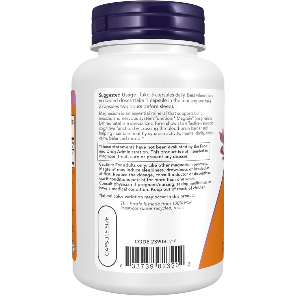 NOW Foods Supplements, Magtein™ with Patented Form of Magnesium (Mg), Cognitive Support*, 90 Veg Capsules