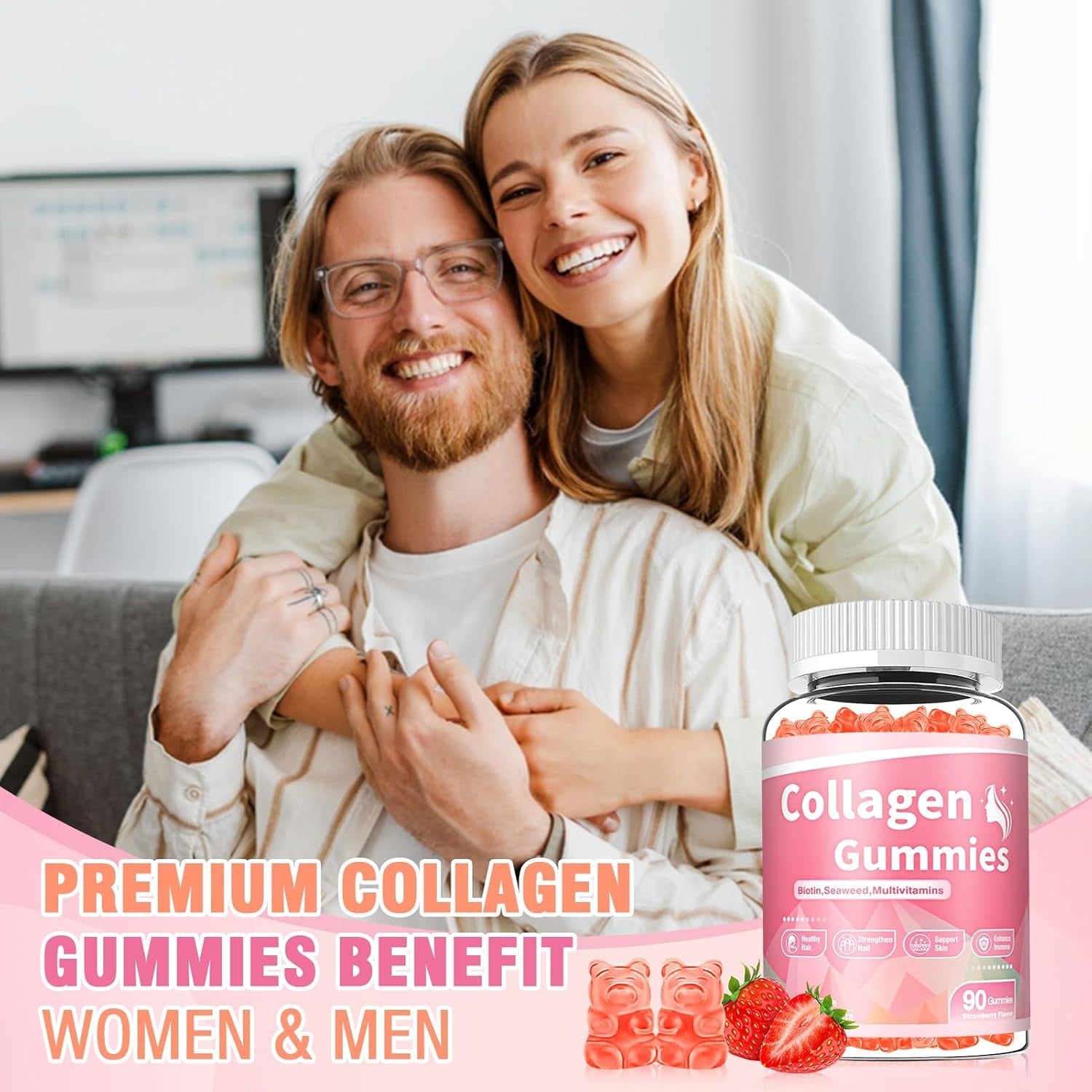 180 Count Collagen Gummies Collagen Protein Type I II III V X with Biotin Vitamin C a B D E Keratin Hyaluronic Acid for Hair Skin Nails Joint Immune Digestion Women Men Sugar Free Strawberry