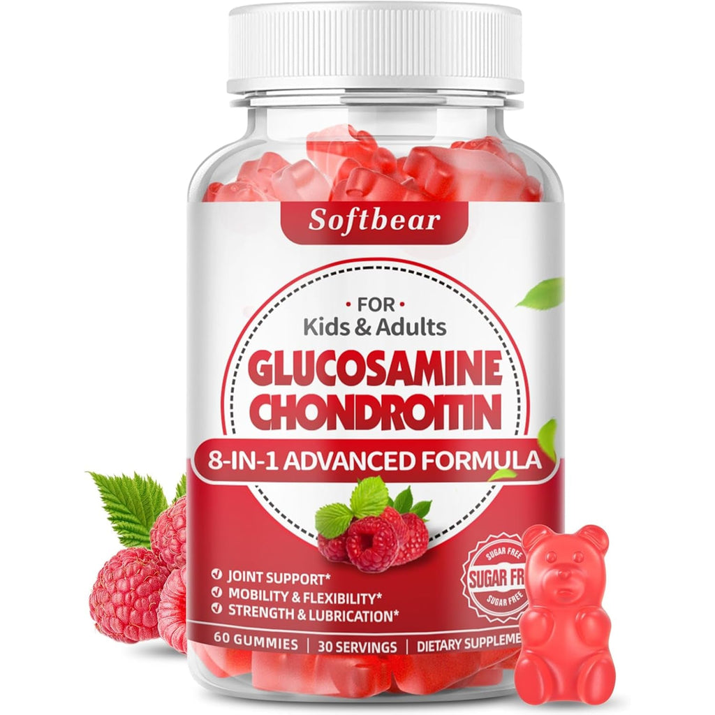 Softbear Glucosamine Chondroitin Gummies, Sugar Free Glucosamine Chondroitin MSM Supplement with Elderberry Turmeric Supports Joint Health & Antioxidant, Raspberry Flavored 60 Count